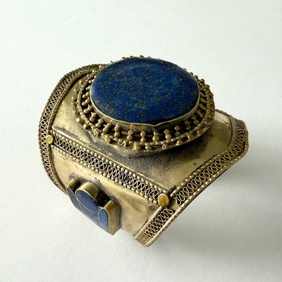 Vintage Handcrafted Laois Lazuli Inlay Gold Tone Tribal Cuff Bracelet - Picture 5 of 9
